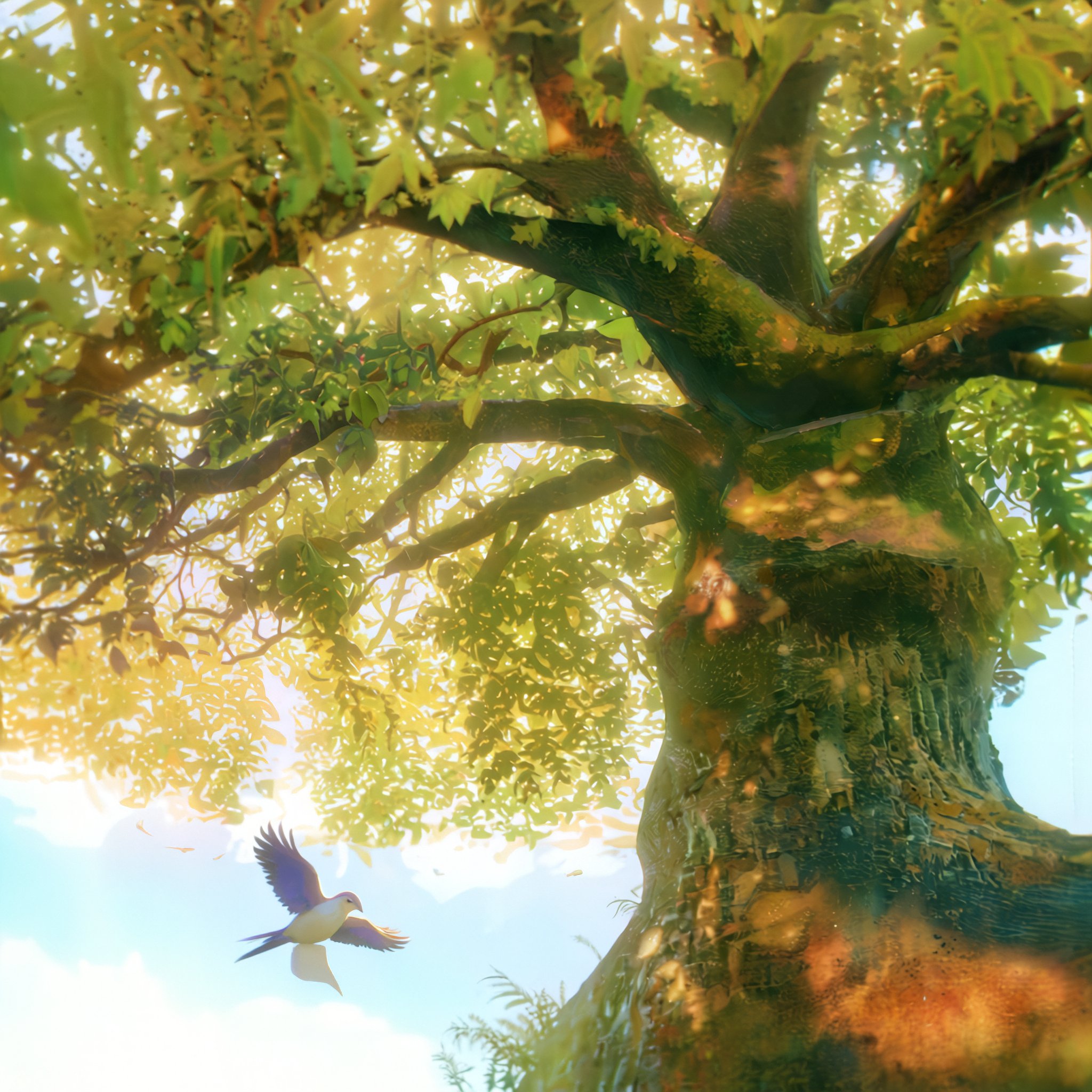 photo background,  real world location,  @skintexture A low-angle composition looks upward into the canopy of a large tree...