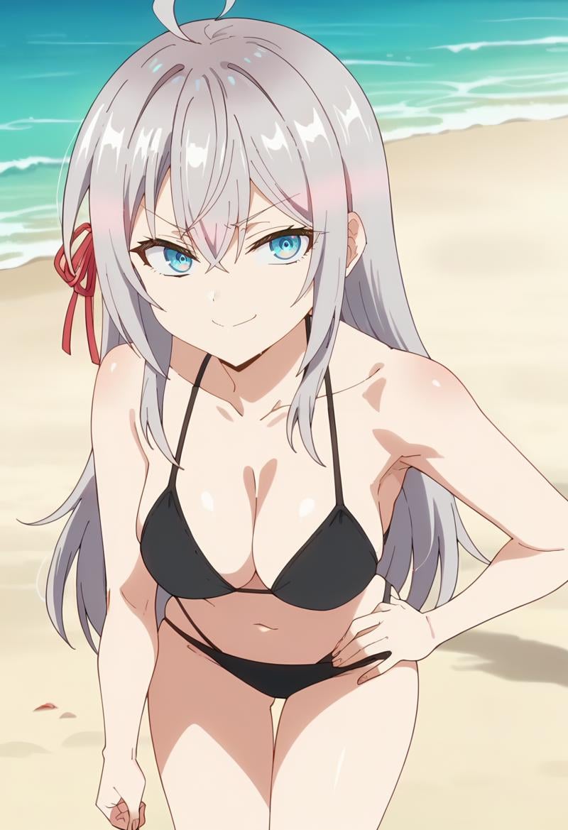 <lora:Alisa Mikhailovna-000013:0.9>  alisa mikhailovna, long hair, 1girl, grey hair, solo, blue eyes, hair between eyes, hair ribbon, red ribbon, crossed bangs, ahoge,   black bikini, looking at viewer, cowboy shot, smirk, beach, score_9, score_7_up,anime coloring ,source_anime, anime, anime screencap