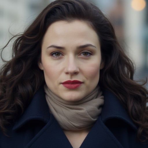 straight nose and her lips are red and slightly parted. The background is blurred and out of focus, light skin, wavy, and brown eyes. Her eyes are slightly narrowed, A woman with long dark brown hair is wearing a dark blue coat and a light brown scarf. Her face is facing towards the right of the frame