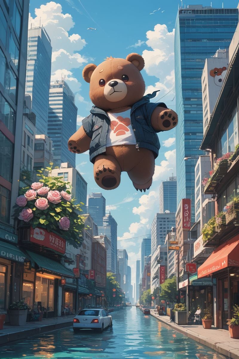 score_9,score_8_up,score_7_up,building,cityscape,double exposure,flower,skyscraper,solo,water,bear,monokuma,1girl,