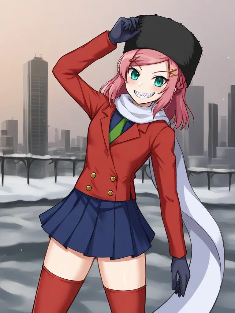 <lora:olgamechacabbagepony:1>1girl, solo, olgamugen, pink hair, hairclip, braid, medium hair, black hat, fur hat, ushanka, green eyes, ushanka, white scarf, red blazer, long sleeves, green necktie, arm warmers, black gloves, blue skirt, single red thighhigh, outdoors, city, winter, cowboy shot, sharp teeth, smile