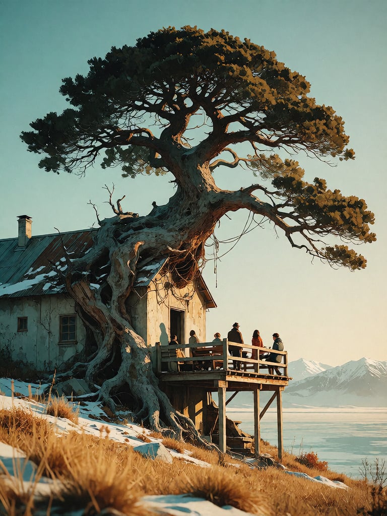 Bradhamel art style. A surreal,  cinematic landscape featuring a massive,  gnarled tree with a dense by inknoir on Tensor.Art