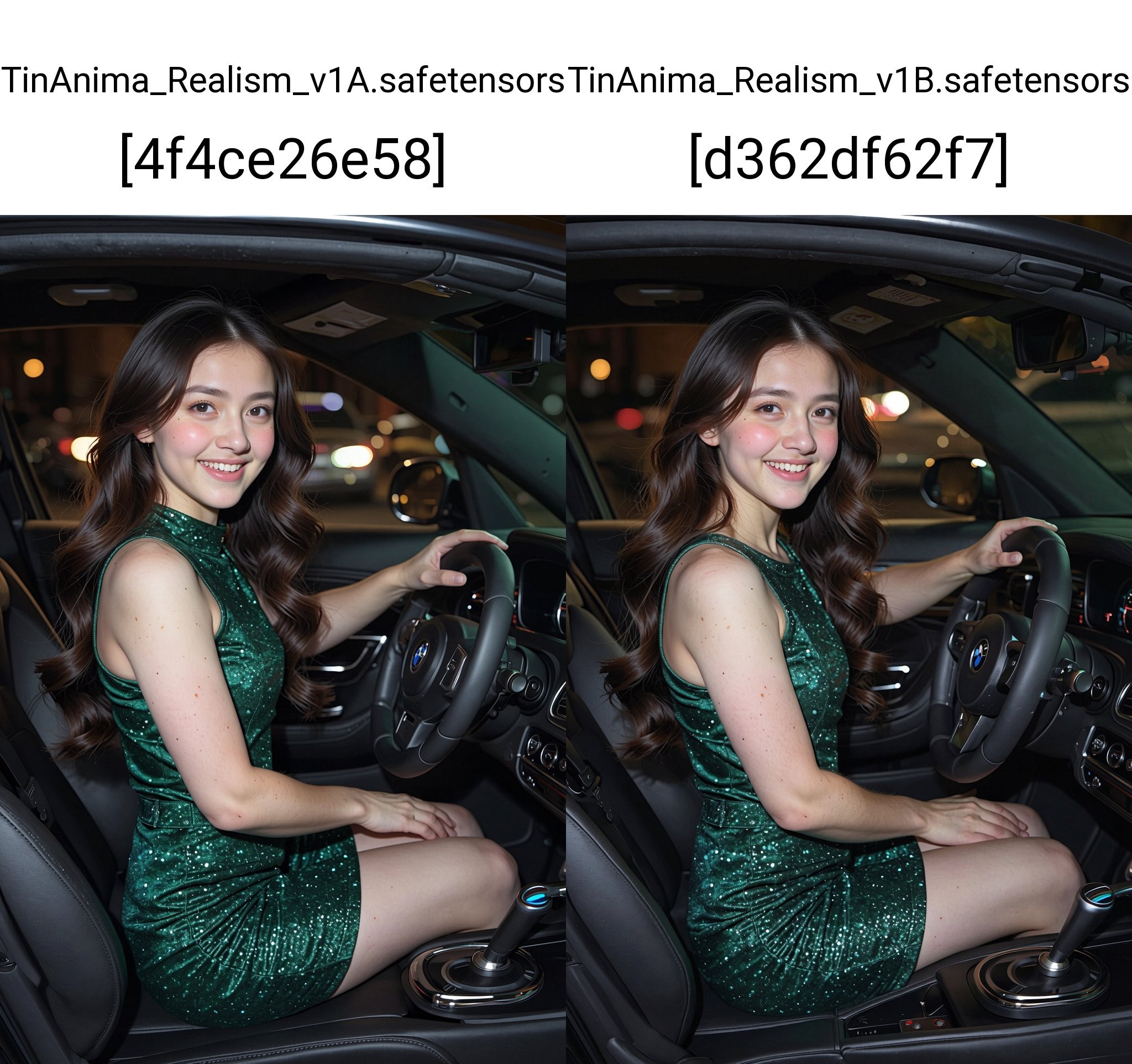 This photograph captures a young Asian woman seated in the driver's seat of a luxury car,  likely a BMW based on the steer...