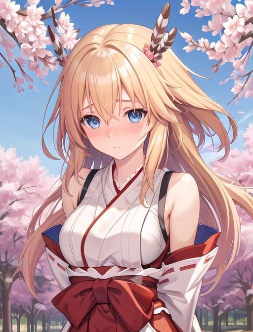 best quality, masterpiece, highres, detailed, digital artwork, <lora:Detail - add_detail:0.2>, MinervaVG, blue eyes, blonde hair, nontraditional miko, arms behind back, park, sakura <lora:Character - MinervaVG:0.8>, upper body, blush, shy, 