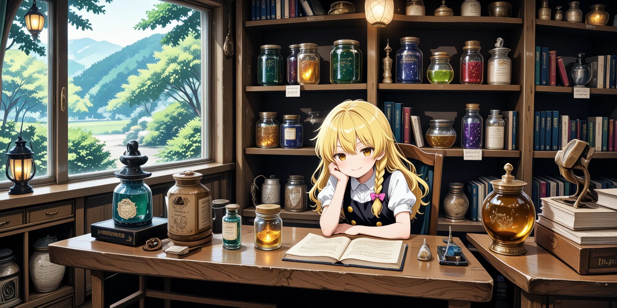 A girl is sitting inside a magic shop filled with mysterious jars,  scrolls,  and potions.1girl by miaomiao on Tensor.Art
