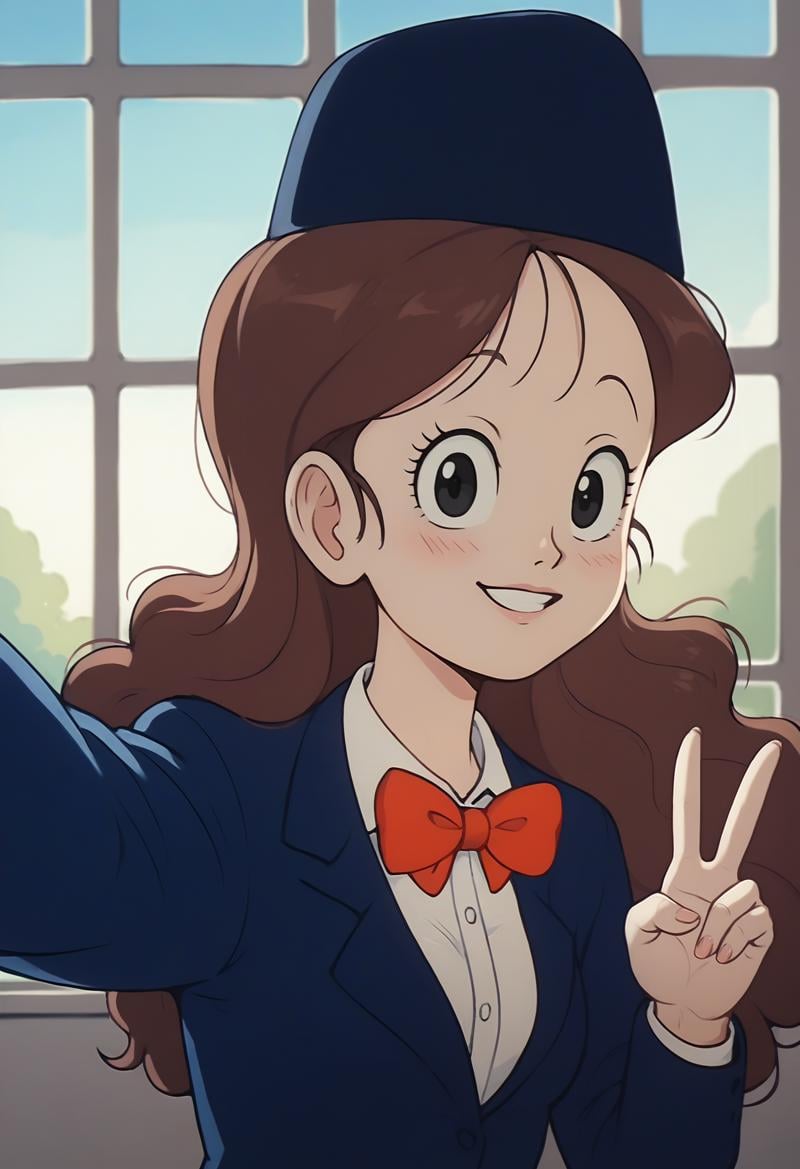 score_9, score_8_up, score_7_up, score_6_up, <lora:DBExtraGirl03FFA:0.9>, DBExtraGirl03FFA, brown hair, long hair, black eyes, breasts,attendant hat, blue jacket, white collared shirt, red bowtie, skirt, suit,pov, v sign, selfie,BREAK indoors, window, blue sky, 