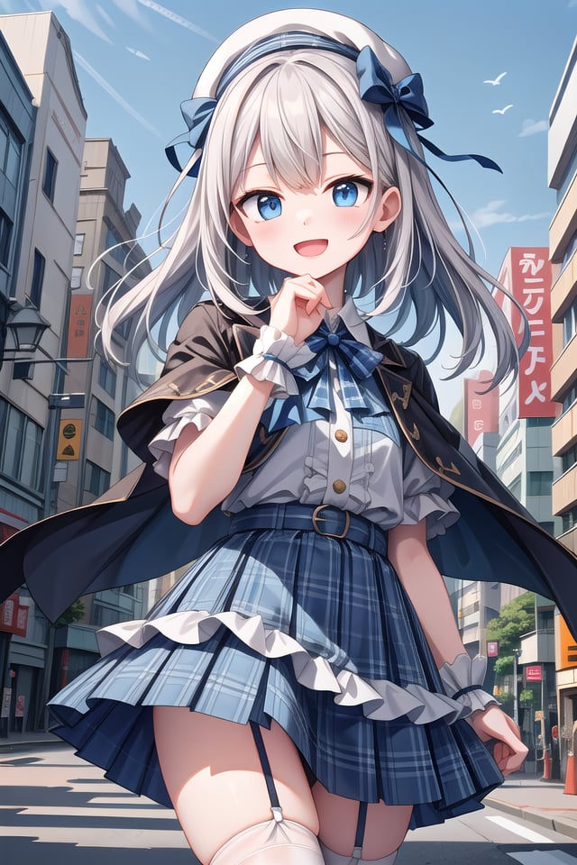 (cleavage:-1.5), insanely detailed, absurdres, ultra-highres, ultra-detailed, best quality,1girl, solo, nice hands, perfect hands,BREAK(gothic drress, Idol costume:1.3), (blue and white theme:1.2), (white blouse:1.4), (white collar, tie:1.3), (open short-cape:1.3), (short sleeve:1.2), (blue tartan-check pattern (ruffle-skirt, multilayer-skirt):1.4), (white basque-beret with ribbon:1.3), (Fishnet stockings:1.3), (glove:1.2), (cleavage:-1.5)BREAKhappy smile, laugh, open mouth,standing,own hands together,cowboy shot,BREAKslender, kawaii, perfect symmetrical face, ultra cute girl, ultra cute face, ultra detailed eyes, ultra detailed hair, ultra cute, ultra beautiful,BREAKcityscape in tokyo, ultra detailed background, blue sky, bay side, panorama view,medium breasts, white hair, blue eyes