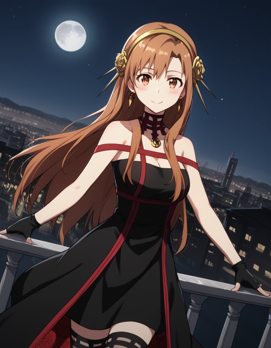 score_9, score_8_up, score_7_up, source_anime, asunayuuki, <lora:asuna-yuuki-s1-ponyxl-lora-nochekaiser:1>, asuna yuuki, long hair, brown hair, brown eyes,, <lora:yor-briar-cosplay-ponyxl-lora-nochekaiser:1>, yorbriarcosplay, yor briar \(cosplay\), bare shoulders, black dress, black gloves, cleavage, dress, earrings, gloves, gold earrings, hair ornament, hair band, jewelry, bare shoulders, collarbone, fingerless gloves, thighhighs, black thighhighs,, cityscape, night, moon, blush, smile,, cowboy shot, dutch angle, solo,