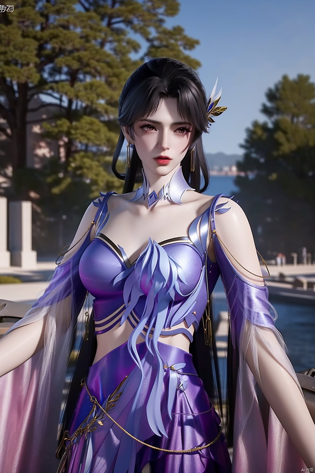 (8k, RAW photo, best quality, masterpiece:1.2), (realistic, photorealistic:1.3), ultra-detailed, extremely detailed cg 8k wallpaper, (crystalstexture skin:1.2), extremely delicate and beautiful,1girl,black, long hair, earrings,chinese clothes,dress,(big breasts),looking at viewer,cowboy shot,(outdoor:1.3)<lora:EMS-165856-EMS:0.600000>, <lora:EMS-32176-EMS:2.000000>, <lora:EMS-417018-EMS:0.800000>