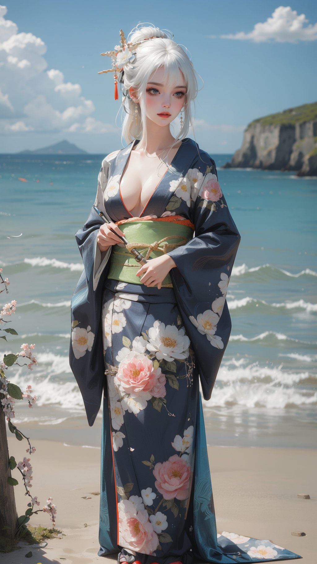 1girl,kimono,full body,hair flower,bangs,solo,cleavage,over the sea,white hair,<lora:麻袋2024-030和服权重0.6-0.9:0.7>,, masterpiece,best quality,ultra-detailed,