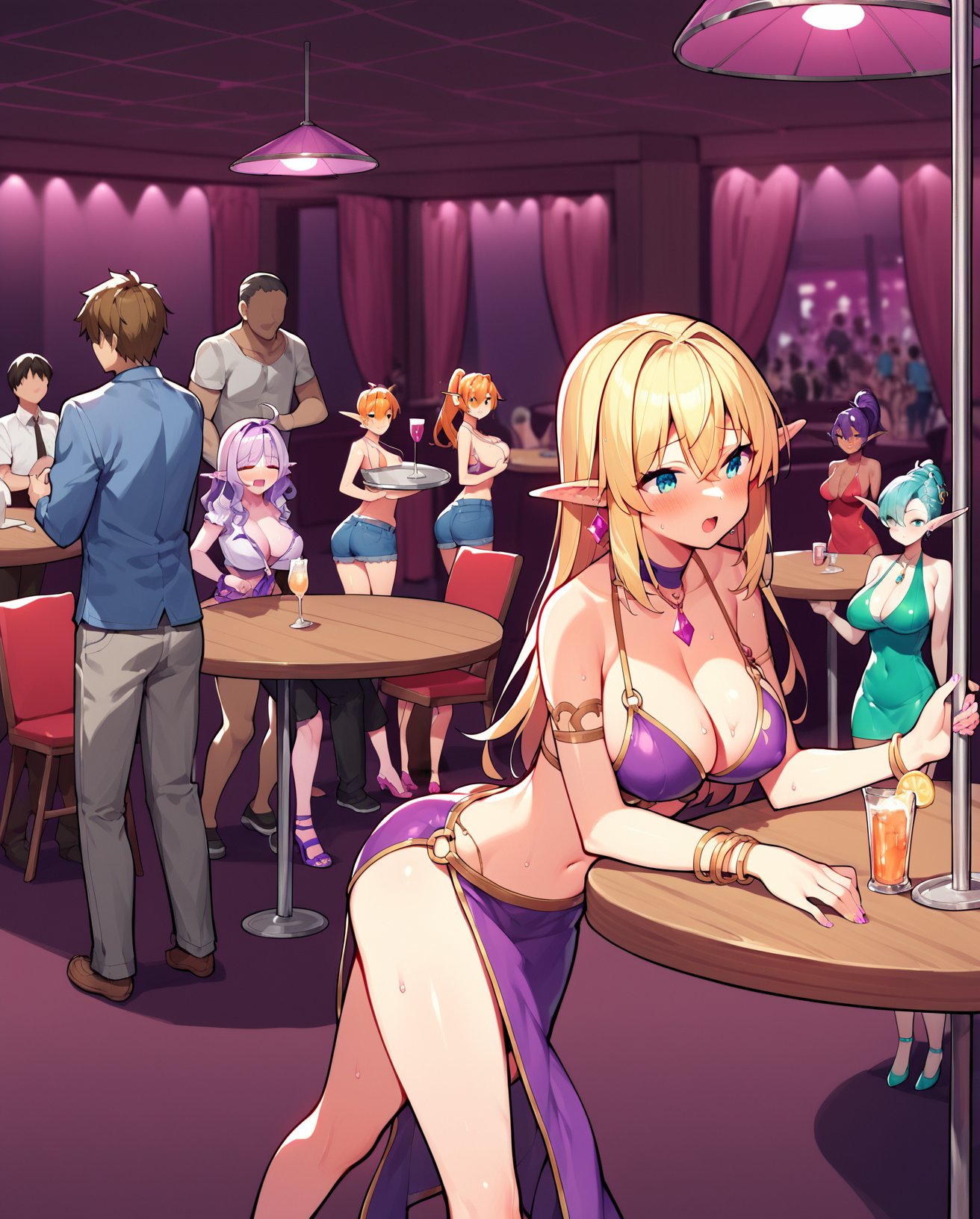 score_9, score_8_up, score_7_up, score_6_up, source_anime, BREAK multiple girls, Focus stacking, layering shot, faceless male, midriff, cleavage, blush, private club, groping, private club, tray, holing tray, implied fellatio, walking, sitting, <lora:Private_Club:1>, grabbing another's breast, tables, chairs, breast press, grabbing another's ass, sex, strip club, pole dancer, elf, slaves, rating_explicit