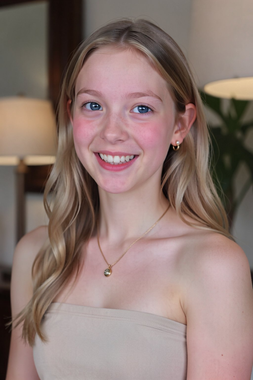 This is a high-resolution photograph of a Caucasian woman with a fair complexion and light blonde,  wavy hair that falls p...