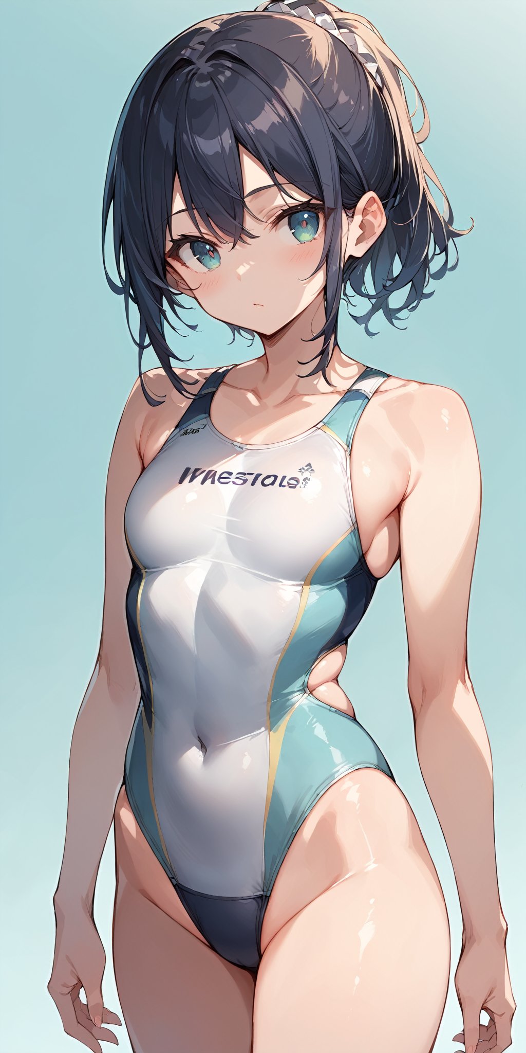 score_9, score_8_up, score_7_up,source_anime, high res image,masterpiece,best quality,girl,cute face,clear skin,shiny hair,ultra detailed eyes,simple background,  <lora:Competitive Swimsuit_pony_V1.0:1> competitive swimsuit