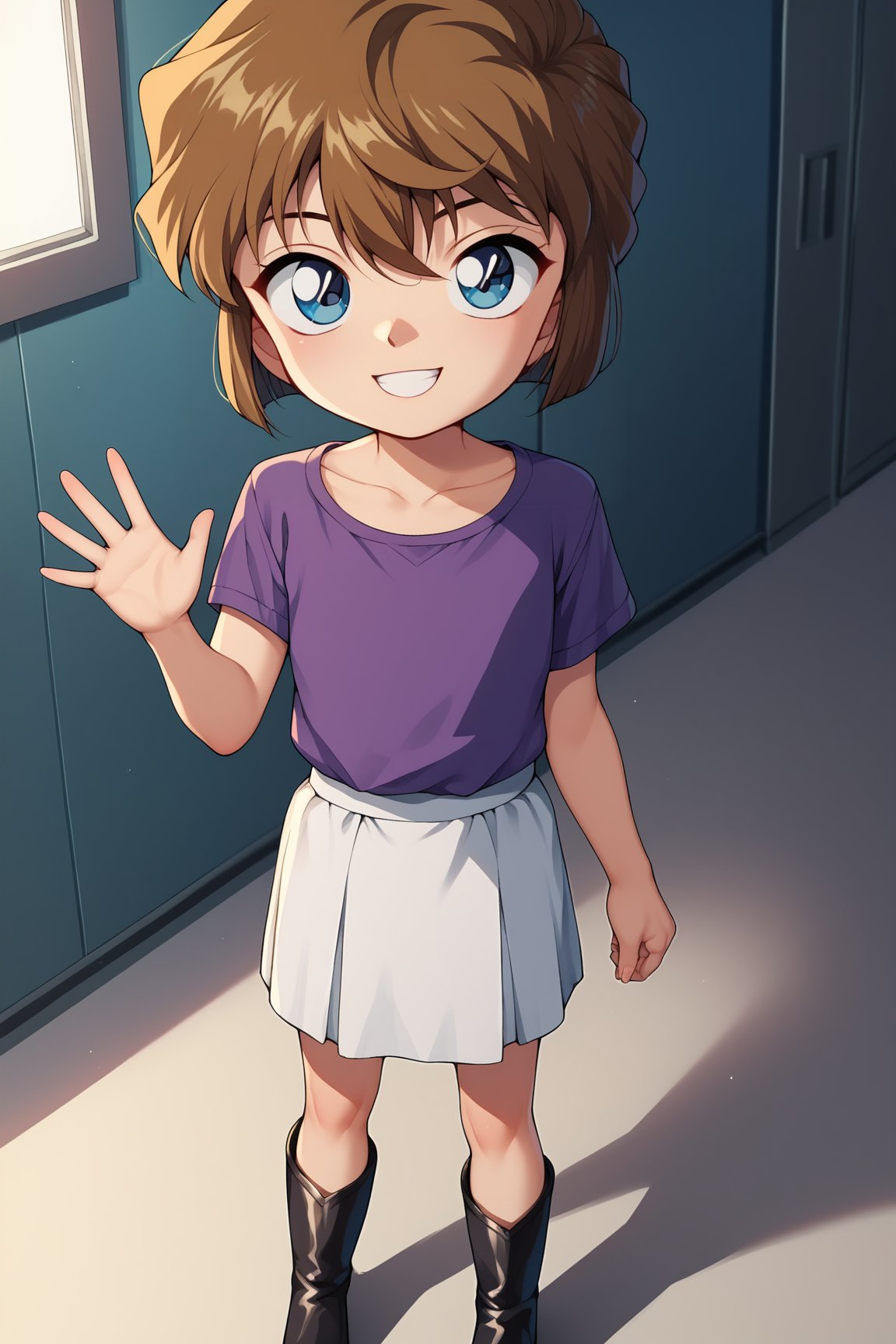 score_9, score_8_up, score_7_up, score_6_up, score_5_up, score_4_up, AiHaibaraDCXL, child, retro artstyle, big eyes, blue eyes, brown hair, hair between eyes, short hair, flat chest, collarbone, purple shirt, short sleeves, white skirt, black boots, solo, standing, seductive smile, waving, looking at viewer, indoors <lora:AiHaibaraDCXL:0.8>