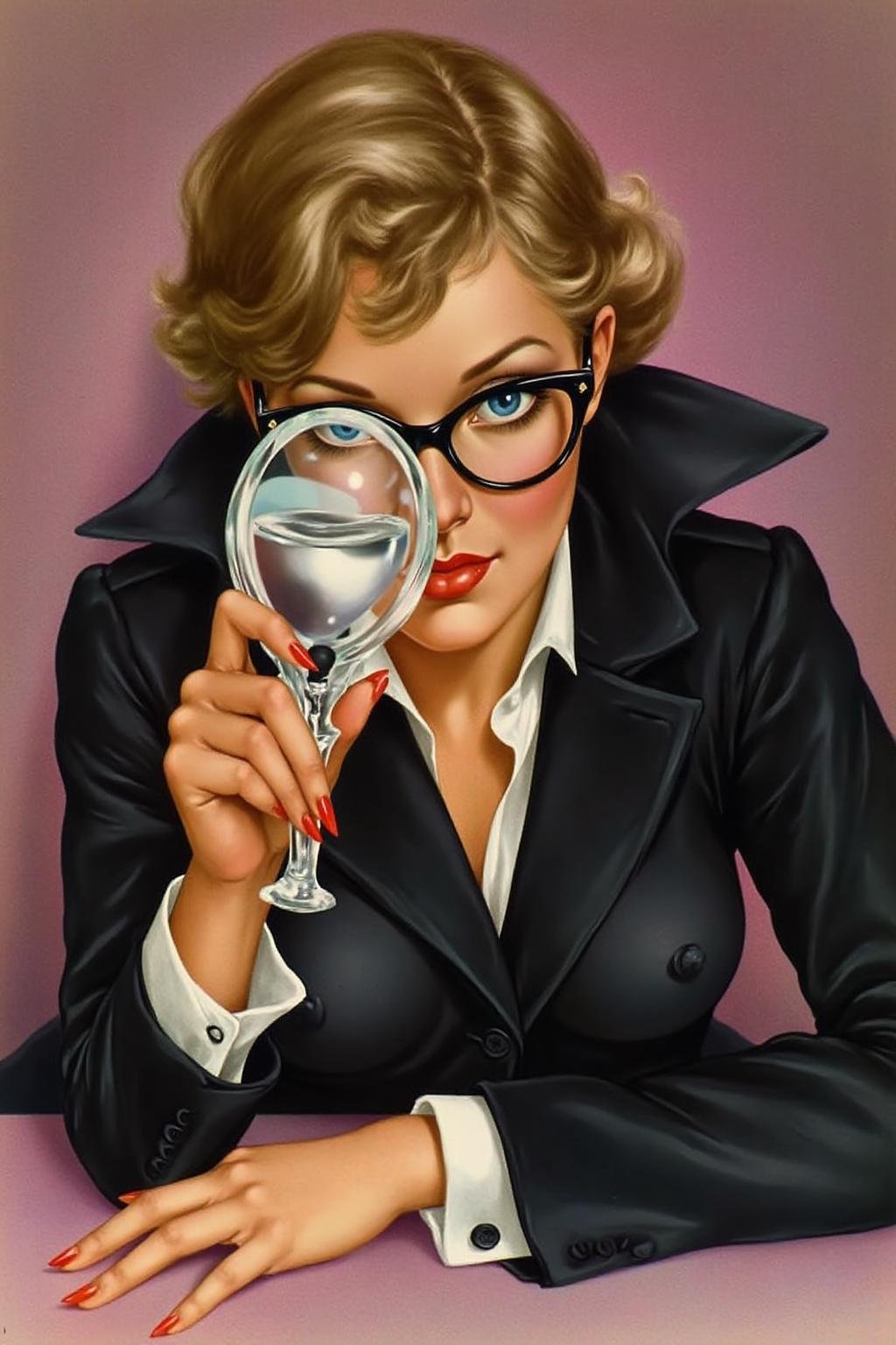 a1bertova illustration.Portrait of a female detective scowling into a magnifying glass. The glass is crystal clear,  showi...