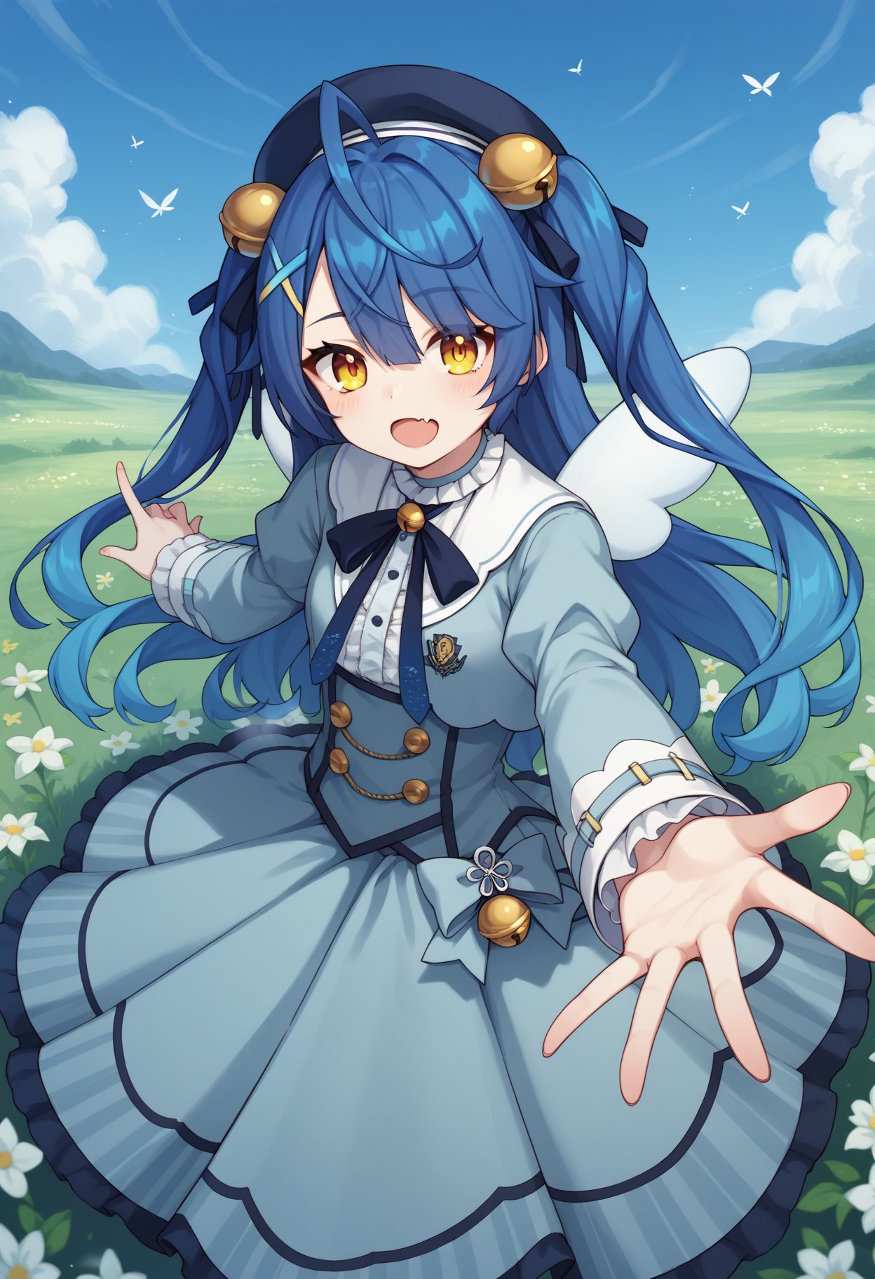 score_9, score_8_up, score_7_up, score_6_up, score_5_up, score_4_up, source_anime, akokoro, ribbon, hair bell, x hair ornament, two side up, skin fang, beret, dress, blue dress, long sleeves, jingle bell, wings, flower field, perspective, outstretched arm, fisheye<lora:AmamiyaKokoroXL-16:1>