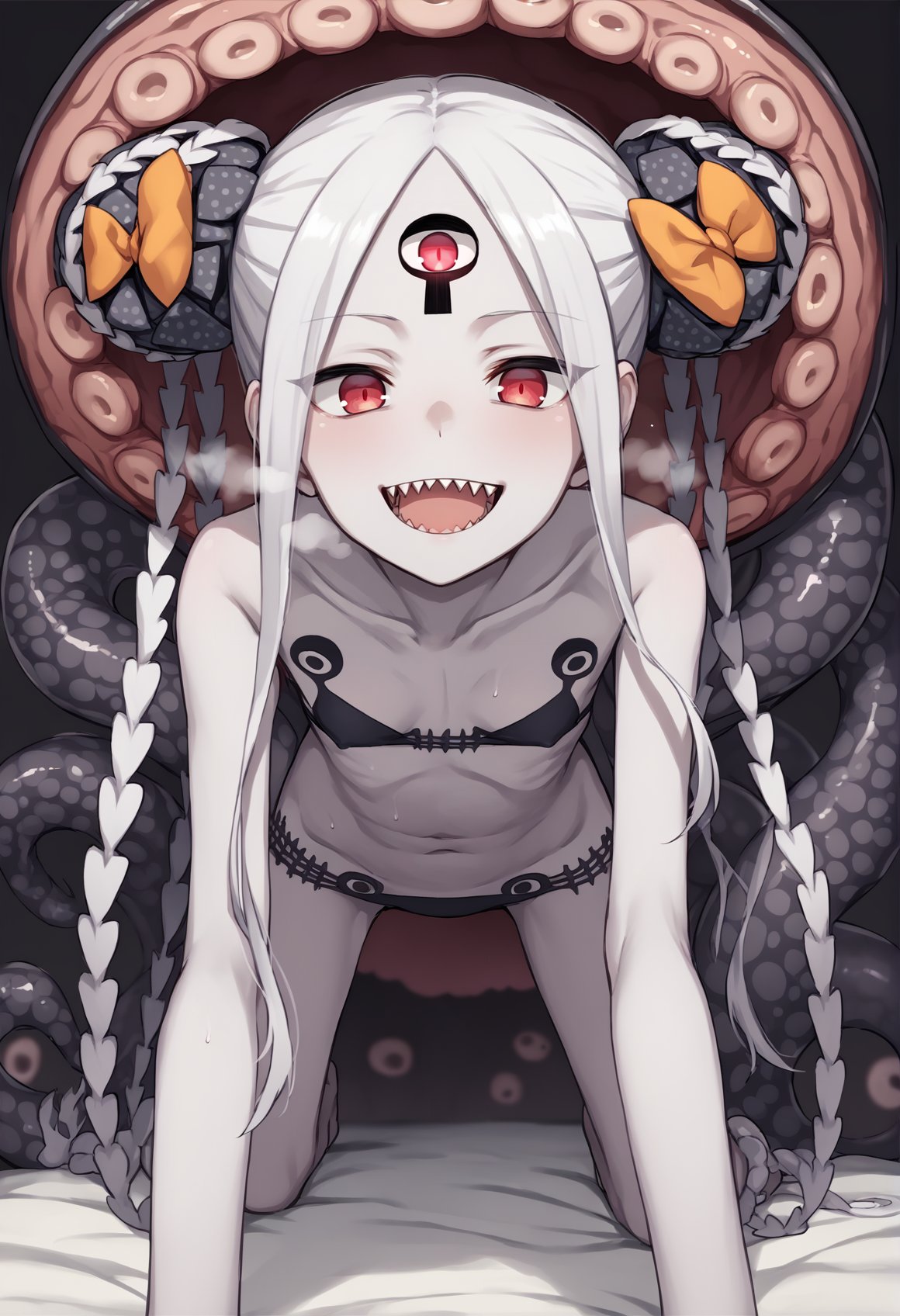 1girl, grey skin, colored skin, grey hair, red eyes, forehead, keyhole, third eye, double bun, braided bun, twintails, sidelocks, braid, polka dot bow, hair bow, orange bow, black bikini, tentacles, smile, open mouth, heavy breathing, all fours, girl on top, from below, pov, bed, tentacle pit, horror \(theme\), sharp teeth <lora:abby_xl:1>, score_9, score_8_up, score_7_up, score_6_up, score_5_up, score_4_up, BREAK source_anime, masterpiece