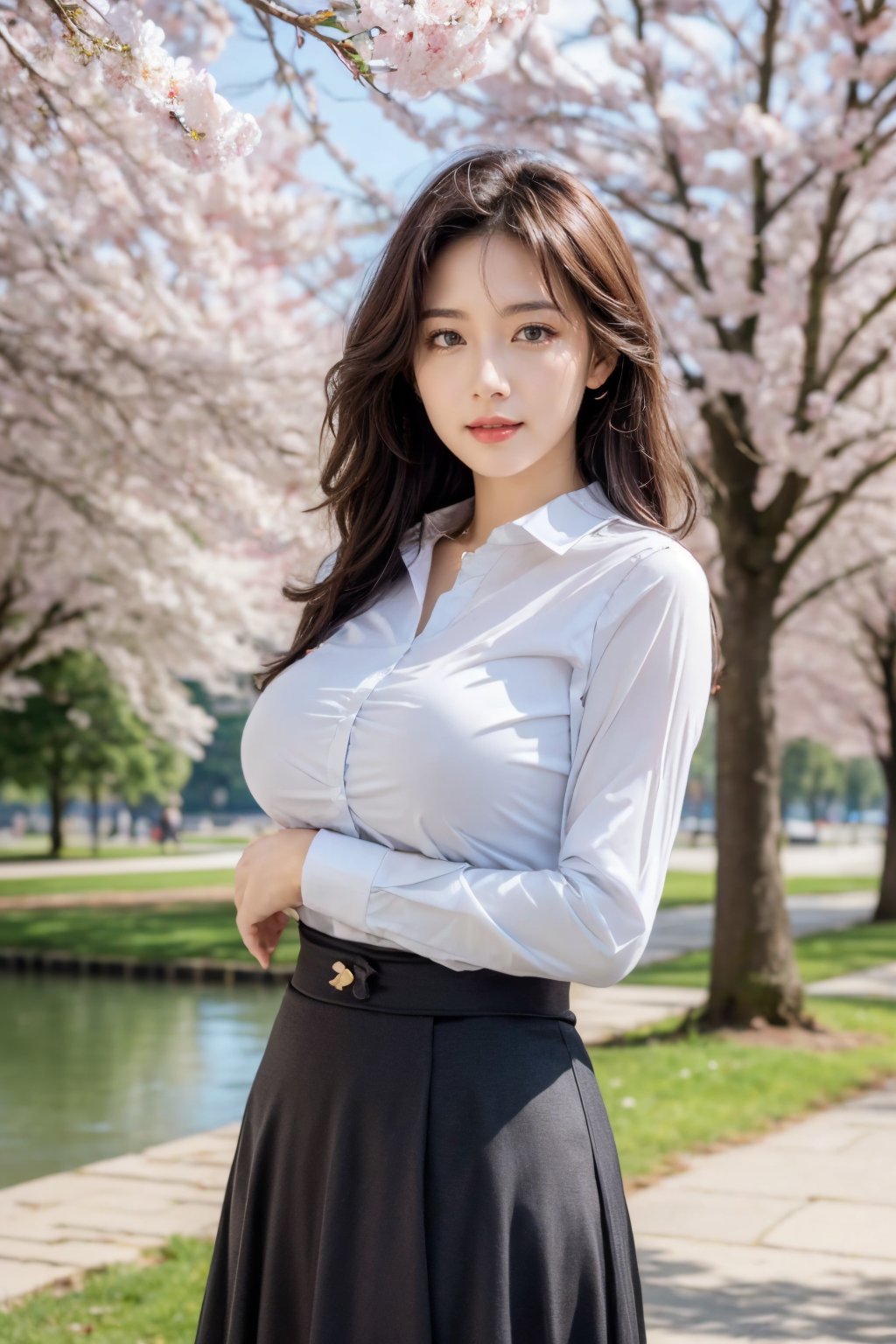 Realistic,best quality,masterpiece,8K,HDR,RAW,A pretty girl,seductive expression,charming,sex,1girl,((solo)),(standing),huge breasts,(lakeside,in spring,park),(looking at viewer,),<lora:add_detail:0.6>,<lora:GoodHands-beta2:1>,<lora:ENNE 商务短裙+衬衫_v07:1>,skirt,shirt,