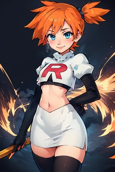 <lora:Cosplay_TeamRocket_v2:0.8>, ((masterpiece,best quality)), Cosplay_TeamRocket, white jacket, cropped jacket, white skirt, elbow gloves, black thighhighs, zettai ryouiki, 1girl, solo, misty (pokemon), blue eyes, orange hair, short hair, side ponytail, hair tie, blush, smile, cowboy shot