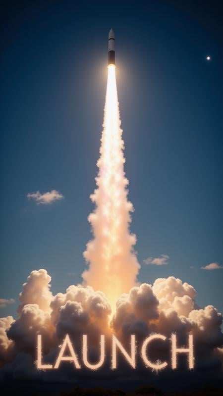 A scene of a rocket launch, the smoke trail forms the word “Launch” as it ascends into the sky. with Text: "Launch"  , aidmaTextImprover