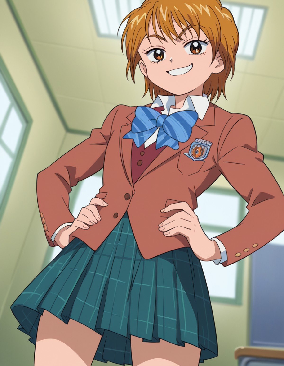 score_9, score_8_up, score_7_up, source_anime, <lora:nagisa-misumi-anime-ponyxl-lora-nochekaiser:1>, nagisa misumi, short hair, brown hair, brown eyes,, skirt, bow, school uniform, jacket, bowtie, blue bow, blazer, brown jacket, plaid, plaid skirt, green skirt, red blazer,, indoors, smug, smile, looking at viewer, solo, hands on hips,, cowboy shot, dutch angle