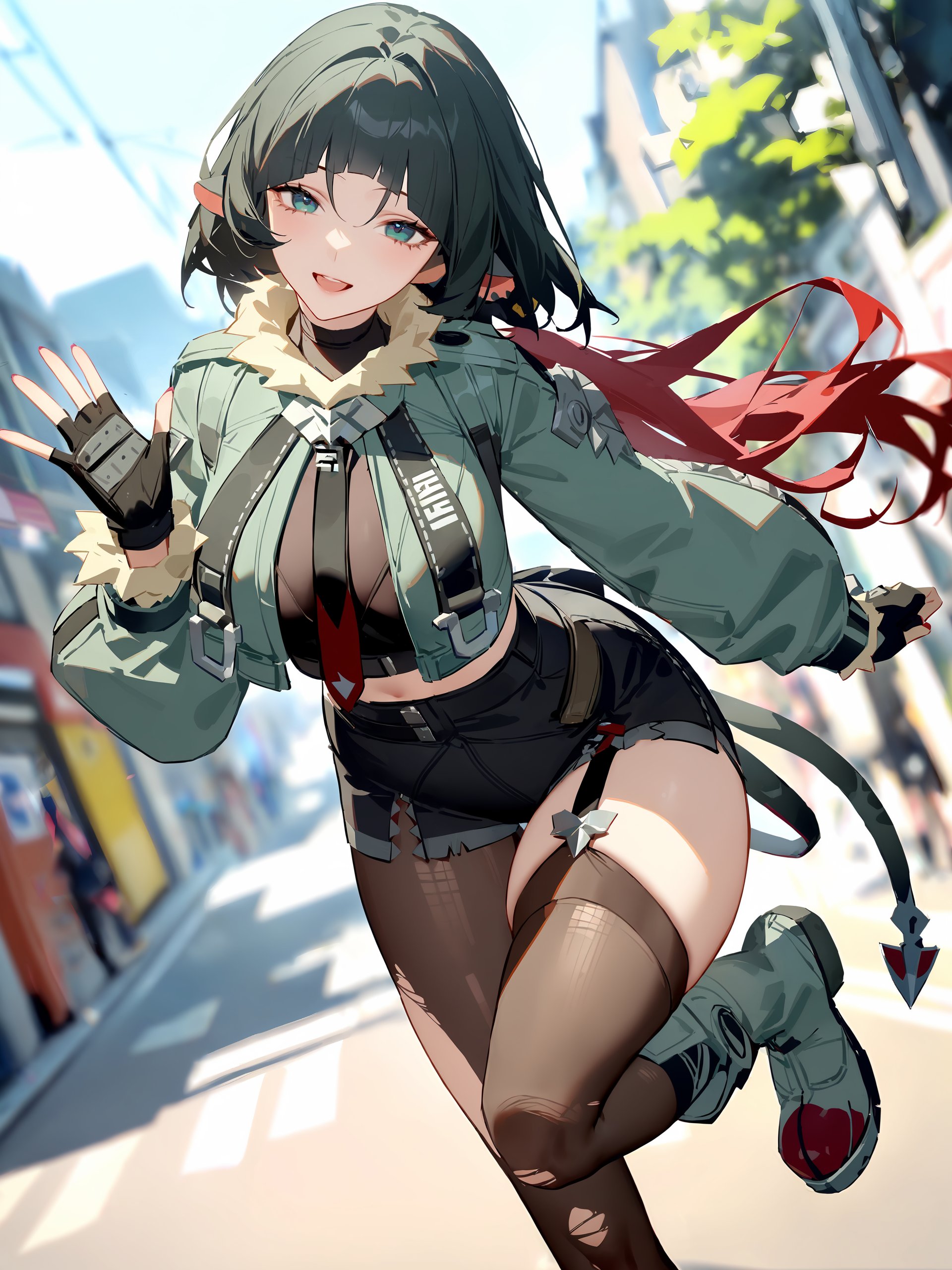 1girl, jane doe \(zenless zone zero\), fingerless gloves, black shorts, tail, cropped jacket, sports bra, single garter strap, single leg pantyhose, single thighhigh, necktie, long hair, looking at viewer, smiling, open mouth, street, outdoors, depth of field, standing on one leg, waving, full body, platform boots <lora:Char-ZZZ-Jane_Doe-V2-XL:0.9>, masterpiece, best quality, very aesthetic, ray tracing, newest,(hitenkei, askzy:0.5),