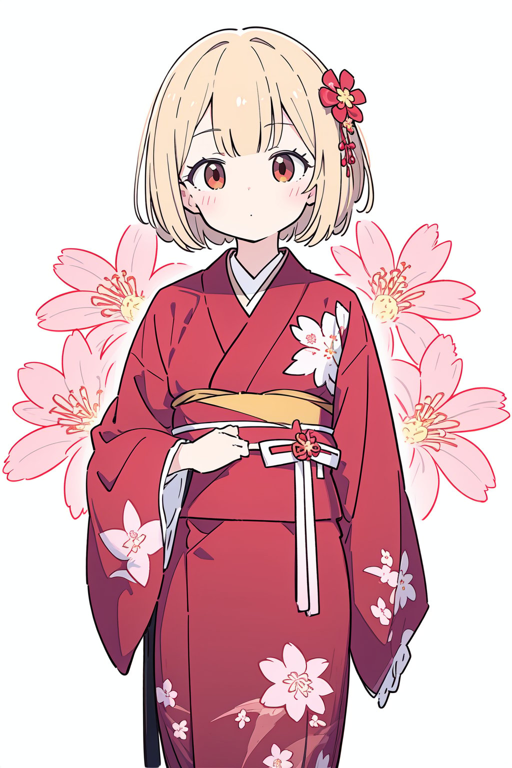 kimono, japanese_clothes, morning_glory, floral_print, 1girl, print_kimono, yukata, wide_sleeves, flower, white_background, obi, long_sleeves, simple_background, solo, sash