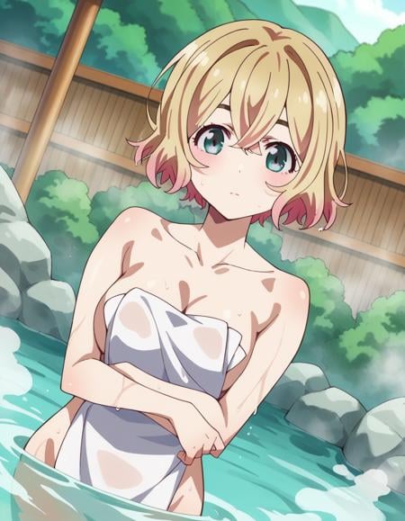 score_9, score_8_up, score_7_up, source_anime,maminanami, <lora:mami-nanami-s1-ponyxl-lora-nochekaiser:1>mami nanami, short hair, aqua eyes, blonde hair, hair between eyes,nude, naked, outdoors, onsen, towel, naked towel, steam, bathing, nude cover, partially submerged, water, bath, steam censor, wet towel,looking at viewer, dutch angle, cowboy shot