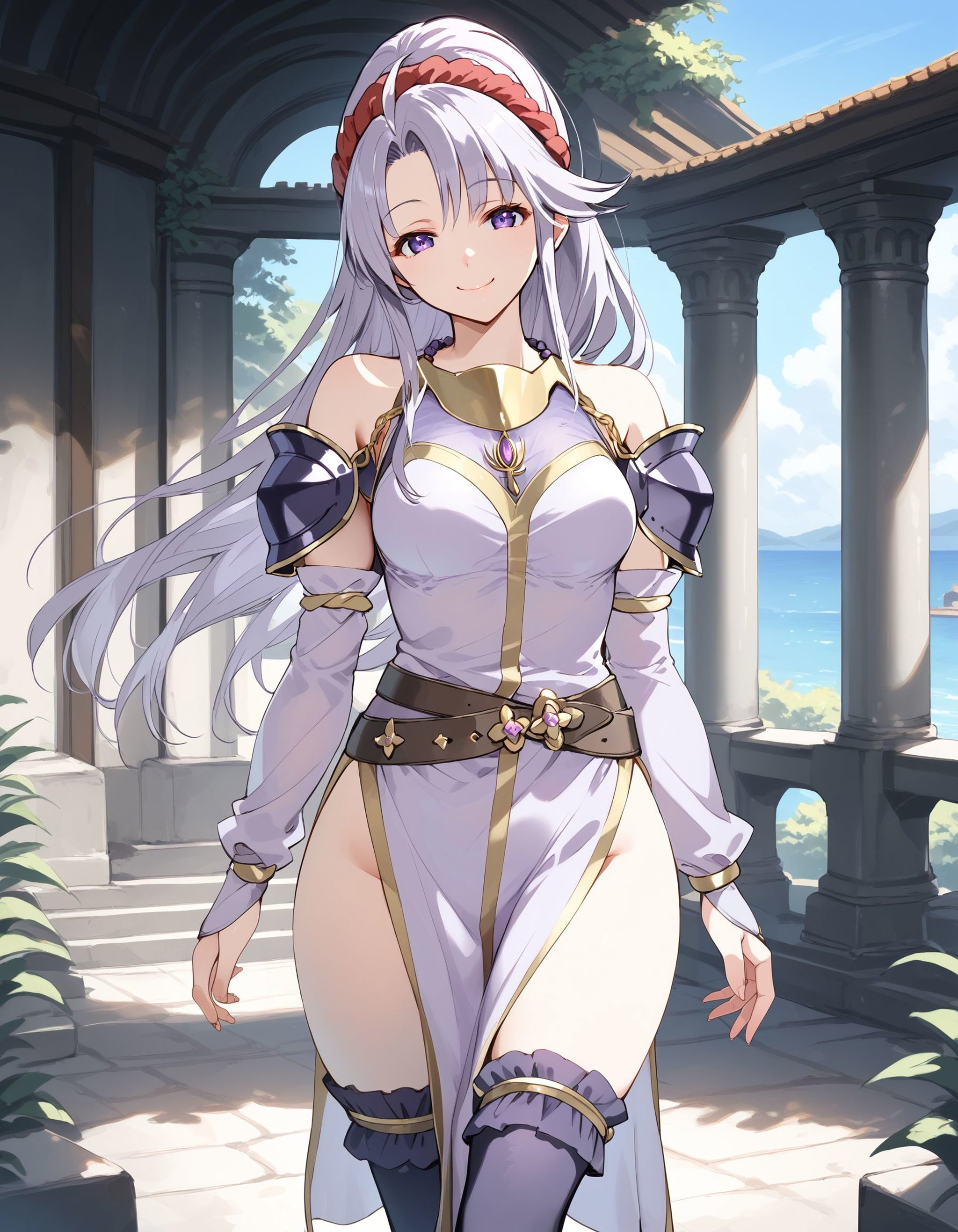 score_9, score_8_up, score_7_up, score_6_up, BREAK source_anime, best quality, masterpiece,1girl,<lora:tailtiu fehPonyXL:0.8>,tailtiu feh,shoulder armor,white bridal gauntlets,jewelry,purple dress,belt,side slit,purple thighhighs,cowboy shot,standing,smile,looking at viewer