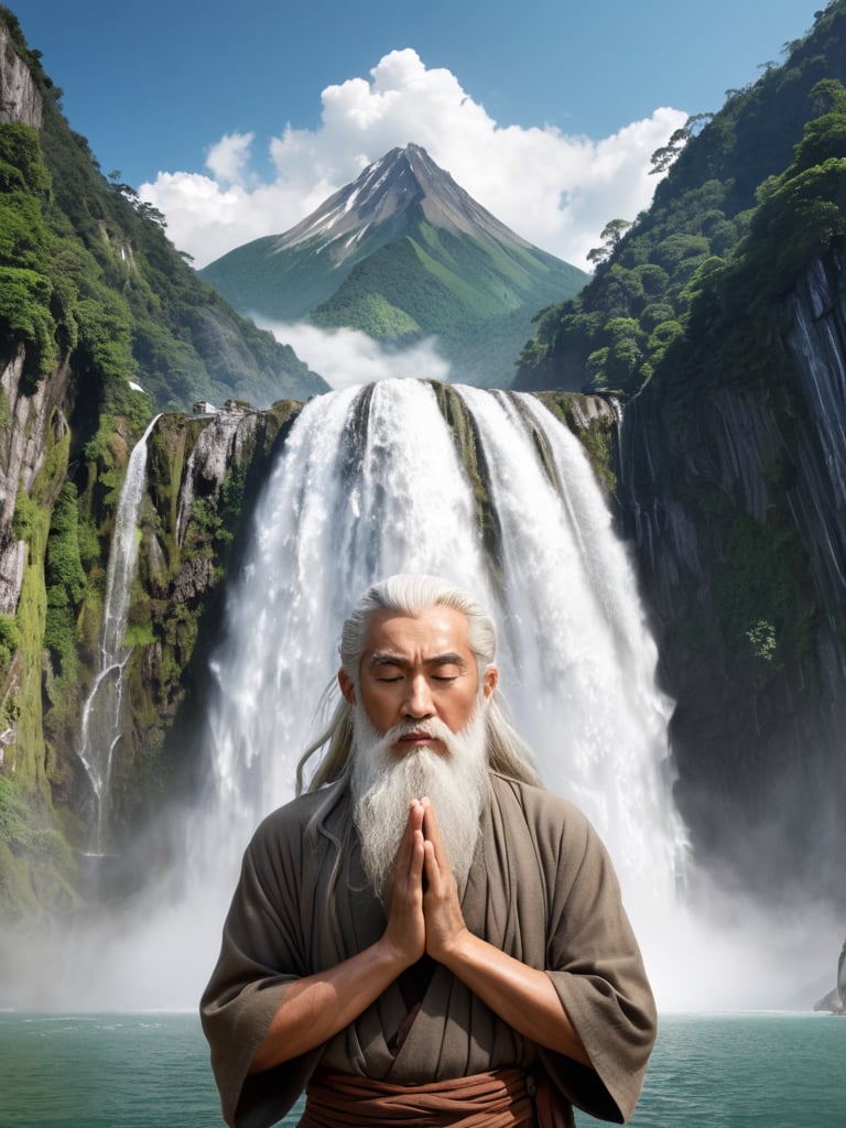 solo,(elder:1.2),(eyes_closed:1.2),kindly,mountain deity,freehand landscape painting,a male image,peak,waterfall,waterfall,gods,immortal,giant gods and mountains merge into one,white hair,white beard,white eyebrows,wrinkle,, masterpiece,best quality,highly detailed,Amazing,finely detail,extremely detailed CG unity 8k wallpaper,score:>=60,, beautiful detailed eyes,Fine hair texture,, incredibly absurdres,wallpaper,realistic,real,photo,landscape,foreshortening,