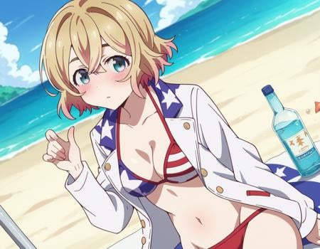 score_9, score_8_up, score_7_up, source_anime,maminanami, <lora:mami-nanami-s1-ponyxl-lora-nochekaiser:1>mami nanami, short hair, aqua eyes, blonde hair, hair between eyes,navel, jacket, swimsuit, bikini, white jacket, flag print, american flag bikini,outdoors, beach, on side, blush, drunk,looking at viewer, dutch angle, cowboy shot