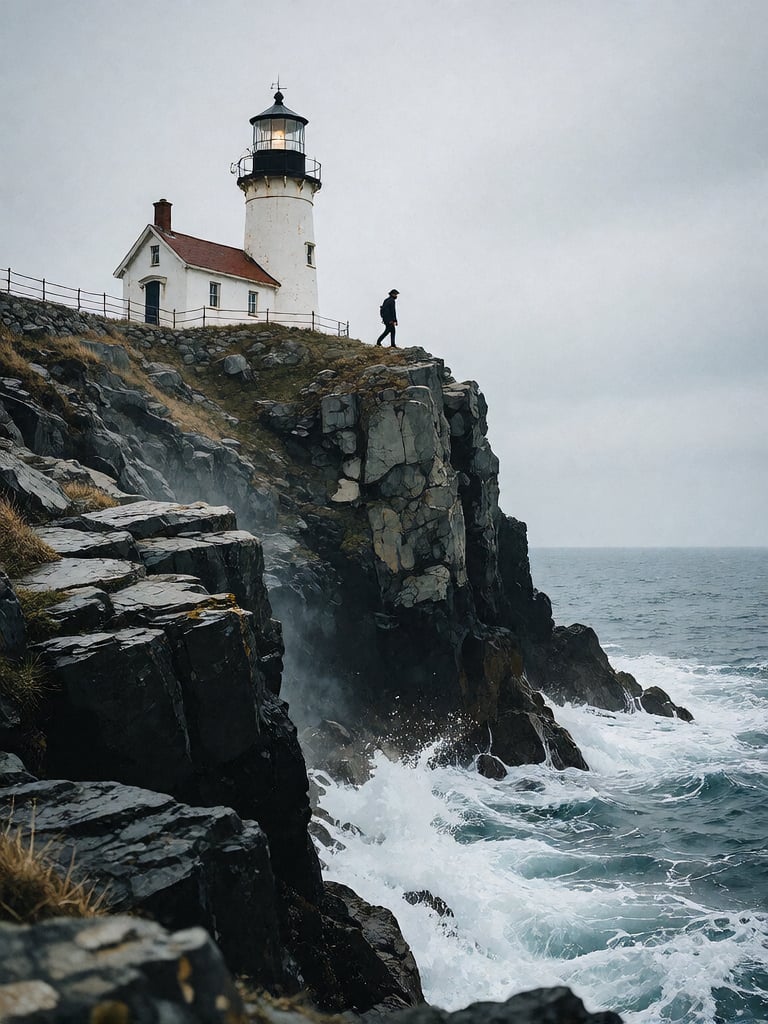 Bradhamel art style. A lone figure walks along the rugged,  dark gray cliff edge of a dramatic coastal outcrop,  with a wh...