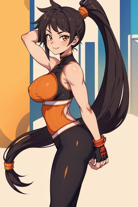 masterpiece, best quality, dnfstriker, ponytail, orange sleeveless turtleneck, black leggings, fingerless gloves, black leggings, orange shoes, standing, from side, arm at side, looking at viewer, smile, back alley, fixing hair <lora:striker-nvwls-v2-000010:0.9>