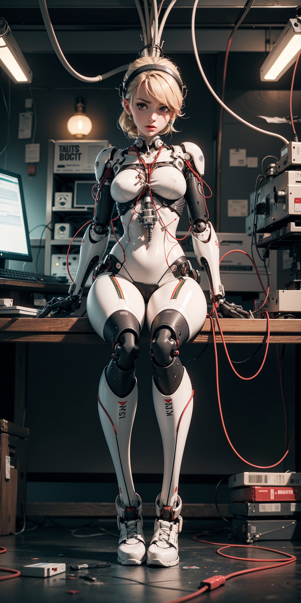 ((Full front shot)),(best quality),((an extremely delicate and beautiful)),((Chest covered)),cinematic light,(1mechanical girl),solo,((upper torso hanging by wires)),((Hanging by wires and tubes)),(machine made joints:1.2),((mechanical limbs)),(blood vessels connected to tubes),(mechanical vertebra attaching to back),((mechanical cervical attaching to neck)),(sitting),(chest covered),(wires and cables attaching to neck:1.2),(wires and cables on head:1.2),(character focus),science fiction,