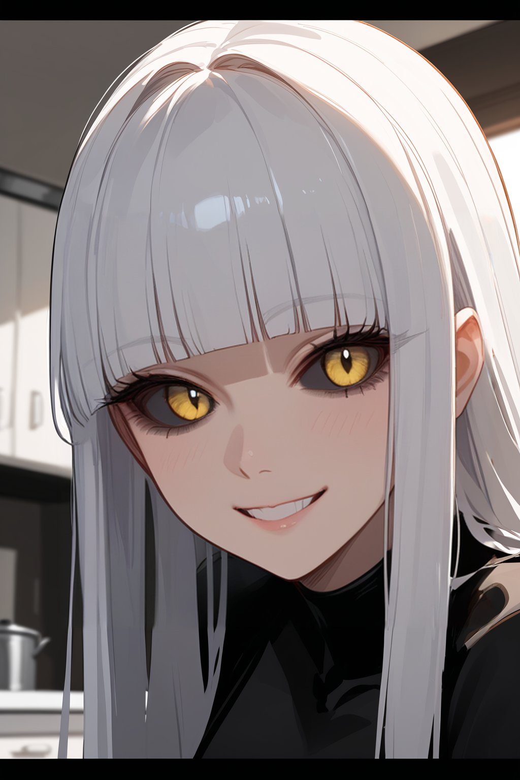 score_9, score_8_up, score_7_up, 1girl, creepy smile, white hair, long hair, blunt bangs, yellow eyes, black sclera, face focus, portrait, close up, indoors, kitchen