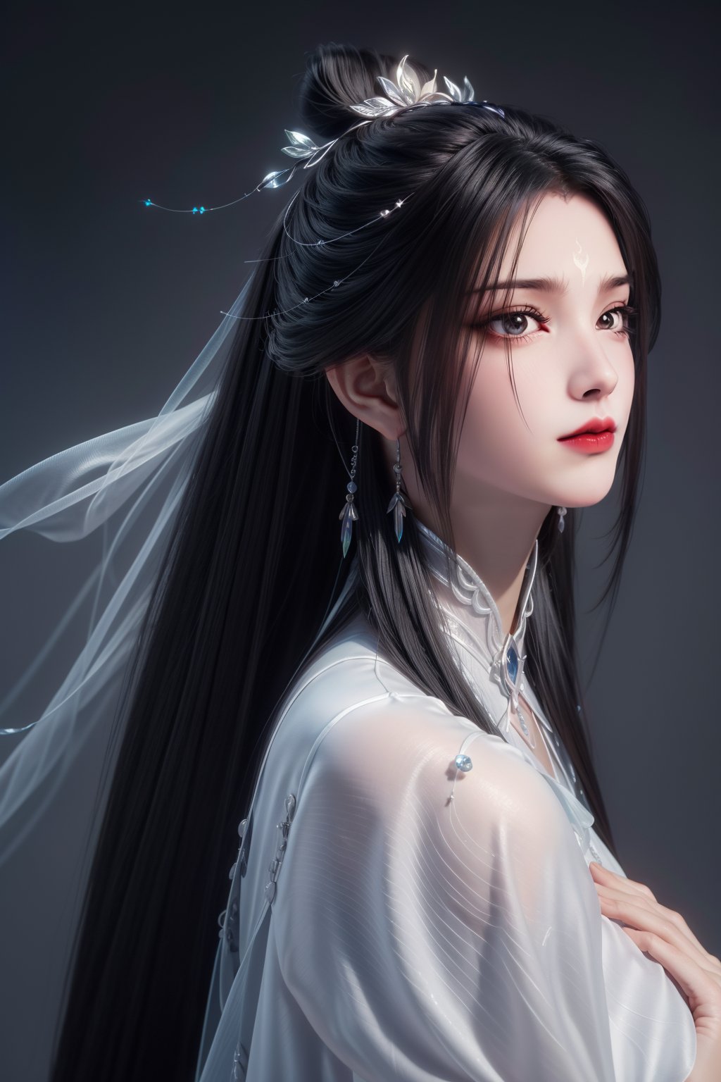 Solid background,masterpiece,(best quality),official art,extremely detailed cg 8k wallpaper,(extremely delicate and beautiful),solo,realistic,photo_\(medium\),hiqcgbody,portrait,chinese clothes,see-through,hair ornament,1girl,hair stick,earrings,black hair,jewelry,long hair,hair bun,(forehead mark:1),long hair,hair ornament,<lora:cxueqi_v3.1:0.7>,<lora:add_detail:0.3>,