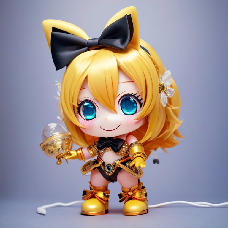 arttoy,(masterpiece, best quality, absurdres, foreshortening),photo of a highly detailed,(full body:1.2),smile,cute face,eyepatch,bow,gloves,breasts,bowtie,golden eyes,bangs,ribbon,white_fishnets,bodystocking,long hair,blonde hair,hair ribbon,white bow,bare shoulders,black gloves,white bowtie,detached sleeves,elbow gloves,(studio background),(clean background),(blurry background),1girl,chibi,(beautiful detailed face),(beautiful detailed eyes),rendered in blender,crystal lamp,palace,badhandv4,<lora:arttoy-000006:0.8>