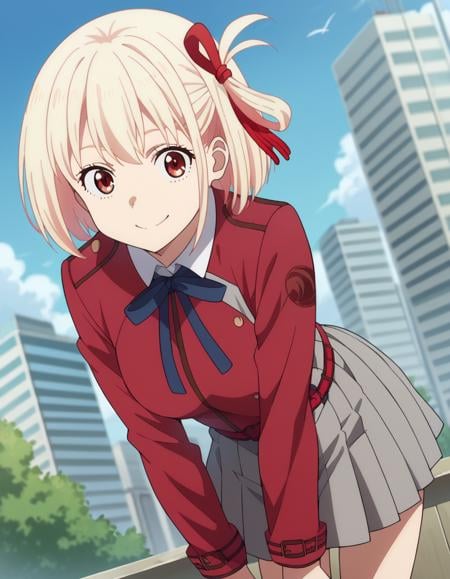 score_9, score_8_up, score_7_up, source_anime,chisatonishikigi, <lora:chisato-nishikigi-s1-ponyxl-lora-nochekaiser:1>,chisato nishikigi, short hair, bangs, blonde hair, red eyes, hair ribbon, one side up, bob cut,shirt, long sleeves, dress, ribbon, white shirt, collared shirt, belt, neck ribbon, red dress, blue ribbon, pleated dress, grey dress, two-tone dress, red belt, lycoris uniform,outdoors, cityscape, smile, bent over,looking at viewer, dutch angle, cowboy shot,