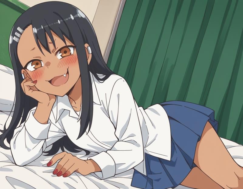 score_9, score_8_up, score_7_up, source_anime,hayasenagatoro, <lora:hayase-nagatoro-s1s2-ponyxl-lora-nochekaiser:1>,hayase nagatoro, long hair, bangs, black hair, hair ornament, brown eyes, hairclip, fang, dark skin, dark-skinned female, tan,skirt, shirt, school uniform, white shirt, pleated skirt, nail polish, blue skirt, red nails, earclip,indoors, bed, bed room, on side, blush, drunk,looking at viewer, cowboy shot, solo, dutch angle,