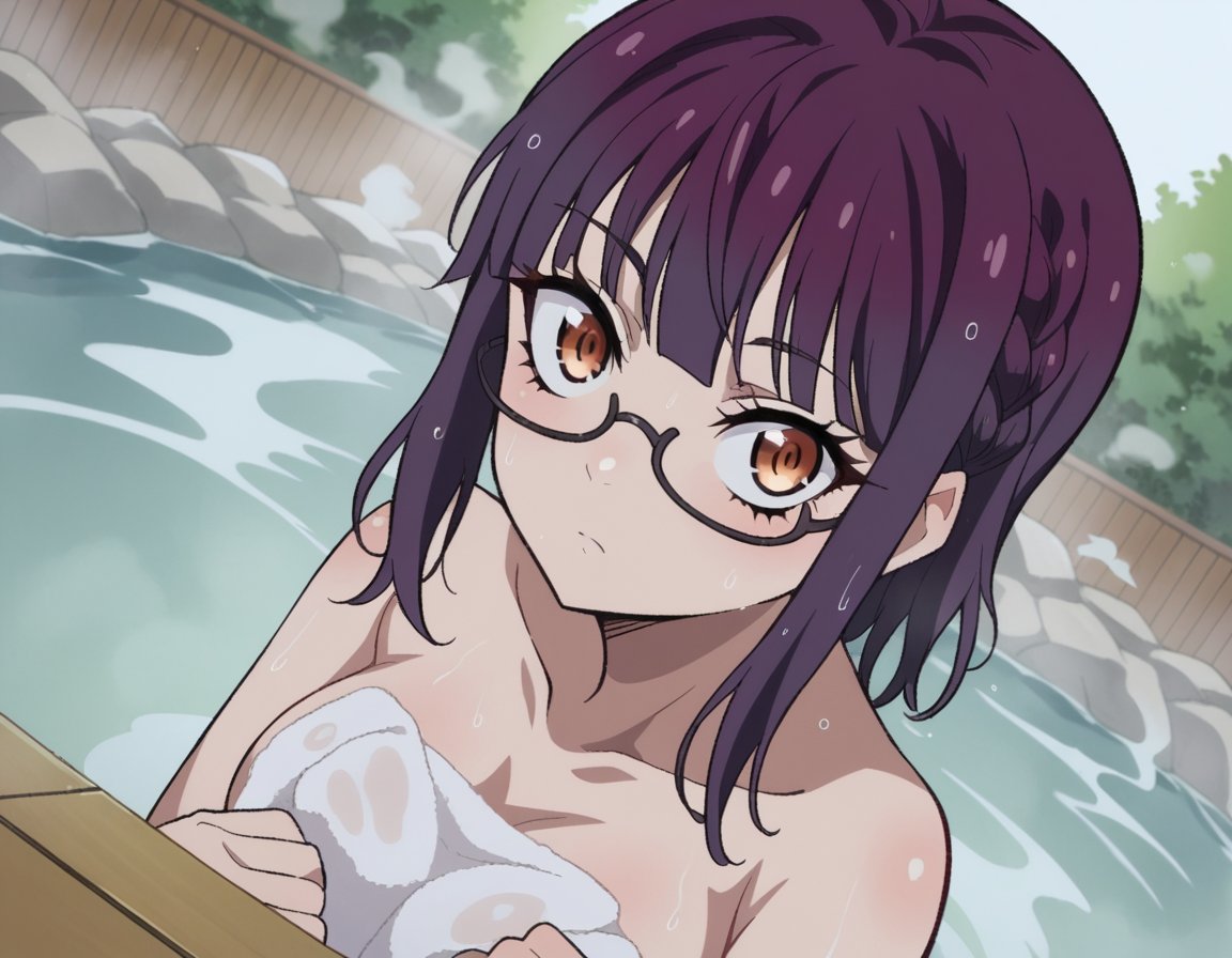 score_9, score_8_up, score_7_up, source_anime,sumikafujimiya, <lora:sumika-fujimiya-s1-ponyxl-lora-nochekaiser:1>,sumika fujimiya, brown eyes, purple hair, braid, glasses, semi-rimless eyewear, under-rim eyewear,nude, naked, outdoors, onsen, towel, naked towel, steam, bathing, nude cover, partially submerged, water, bath, steam censor, wet towel,looking at viewer, dutch angle,