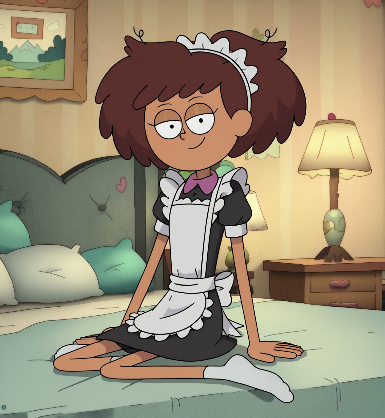 <lora:Amphibas_Anne_Boonchuy-000033:0.7> Anne Boonchuy, (age ten), short, ponytail, maid outift, ((score_9)), bedroom, sitting, looking at viewer, smiling, Amphibia style