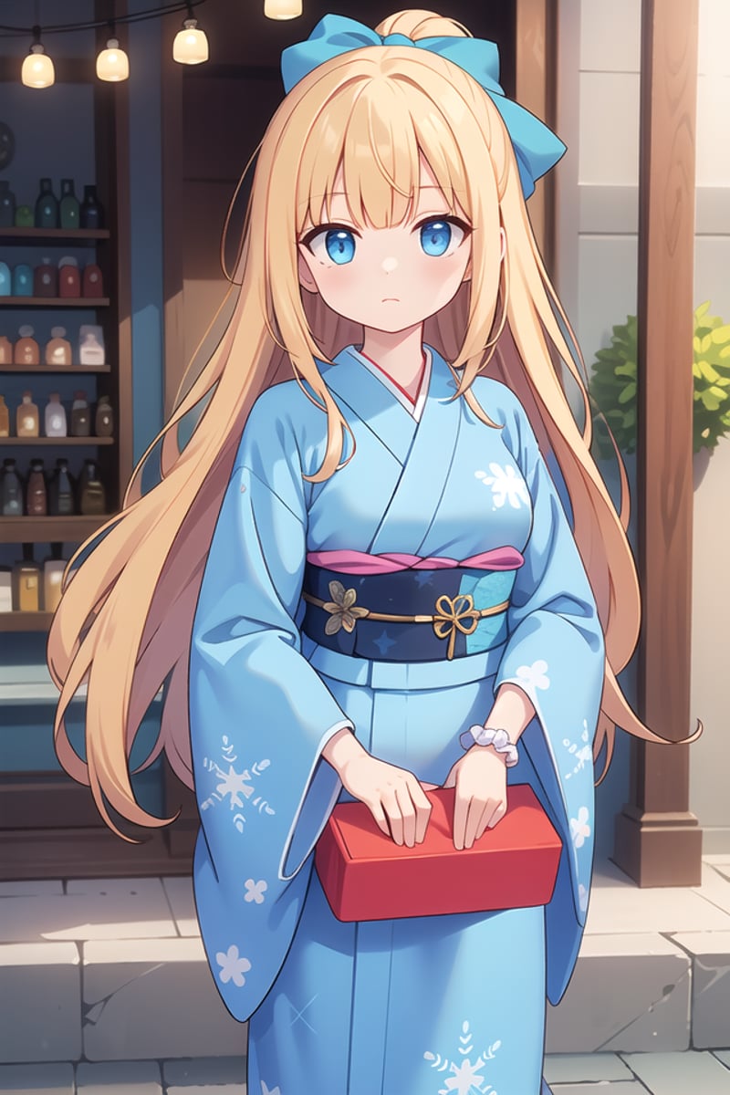 insanely detailed, absurdres, ultra-highres, ultra-detailed, best quality,1girl, solo, nice hands, perfect handsBREAK(pastel-blue and white theme:1.4), (maxi length pastel-blue kimono with [white] obi:1.4), (Extremely detailed snowflake-symbol print:1.3), (white very short ankle socks:1.2), (Japanese clogs geta:1.2), (wrap a white scrunchie around wrist:1.3),(naked skin:-1), (white kimono:-1), (legs:-1.4), (slit:-1.4)BREAKexpressionless, closed mouthBREAK,standing, cowboy shot, looking at viewerBREAKslender, kawaii, perfect symmetrical face, ultra cute girl, ultra cute face, ultra detailed eyes, ultra detailed hair, ultra cute, ultra beautifulBREAKFantasy shop Capture the enchanting and otherworldly beauty of a shop that seems like it belongs in a magical realm, selling extraordinary items, depth of field, ultra detailed backgroundBREAKlarge breastsBREAK(blonde hair, blue eyes:1.2), medium long hair,