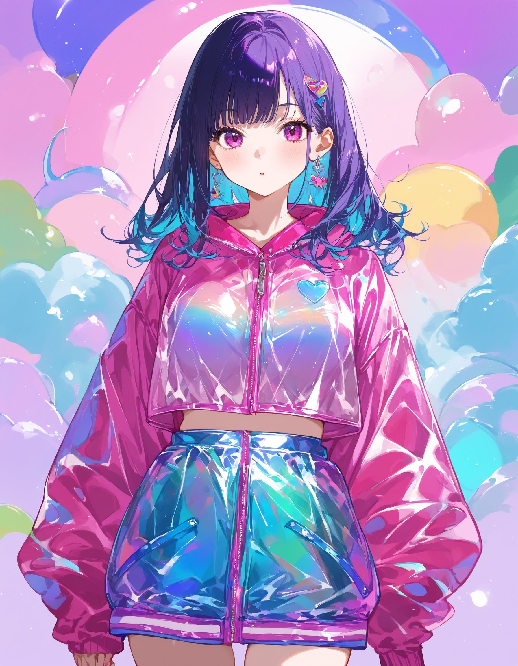 1girl, soltransparent color PVC clothing, transparent color vinyl clothing, prismatic, holographic, chromatic aberration, fashion illustration, masterpiece, girl with harajuku fashion, looking at viewer, 8k, ultra detailed, pixiv