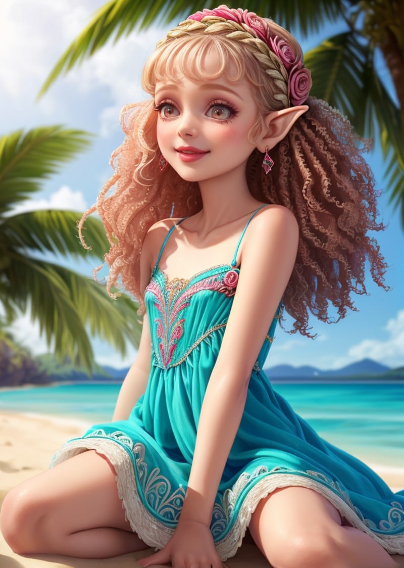 nsfw, ((highest quality, best quality)), (masterpiece), (island, palm-fringed beaches, turquoise waters, tropical:1.1),( spread legs), (21yo woman:1.4),(Elven princess-inspired gowns with intricate embroidery:1.4),  flat chest,(happy), excited, (slutty smile), (blush, nose blush), (Lean, Square Face, Medium Skin, Wide Nose, Bow-shaped Lips, Sharp Chin, Rose cream lipstick, scrunchie, Frizzy Hair Medium-Length Hair Updo), ((Anatomically correct)), (skinny), looking up at viewer, skindentation, smooth, intricate detail, bokeh,(mukartist by muk), <lora:add_detail:0.6>, <lora:MukStyle:0.0>, <lora:muk:0.3>