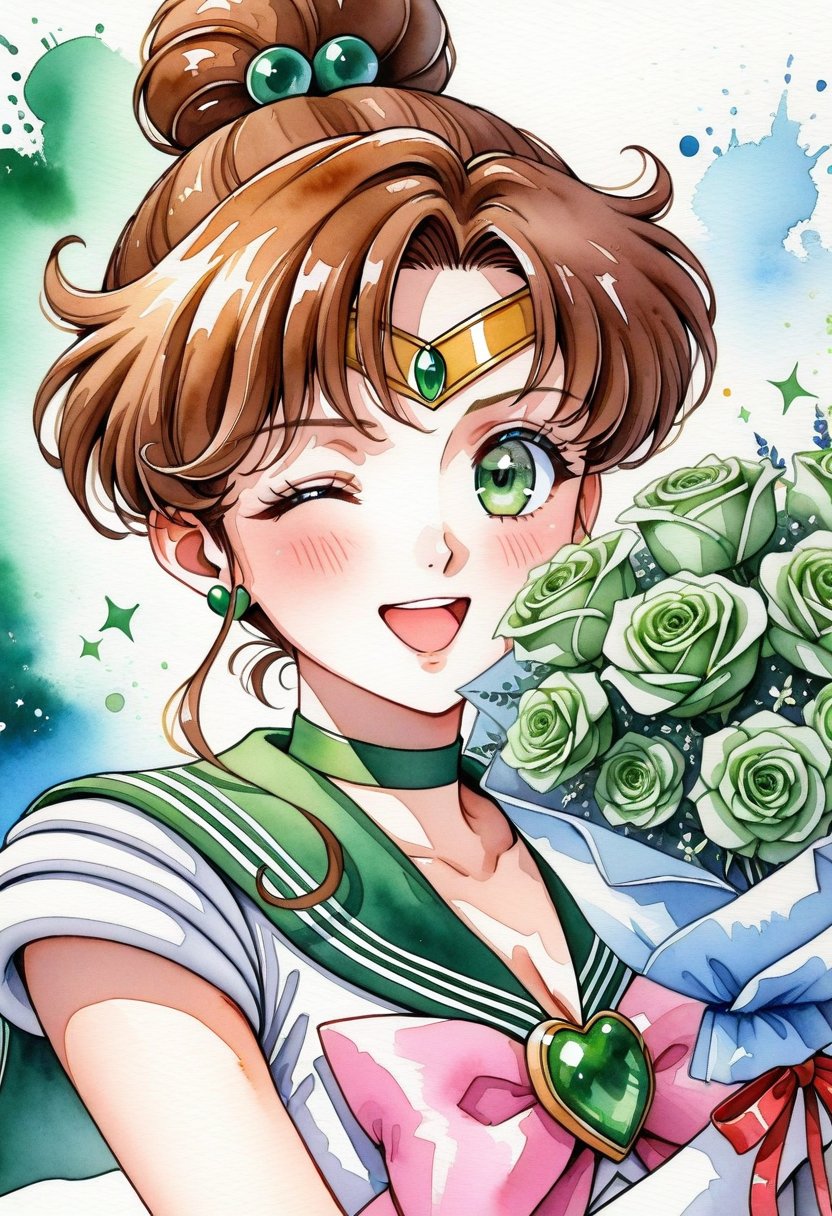 w4tercol0r,  watercolora detailed portrait of sailor jupiter smiling,  winking by Ikki de Fénix on Tensor.Art