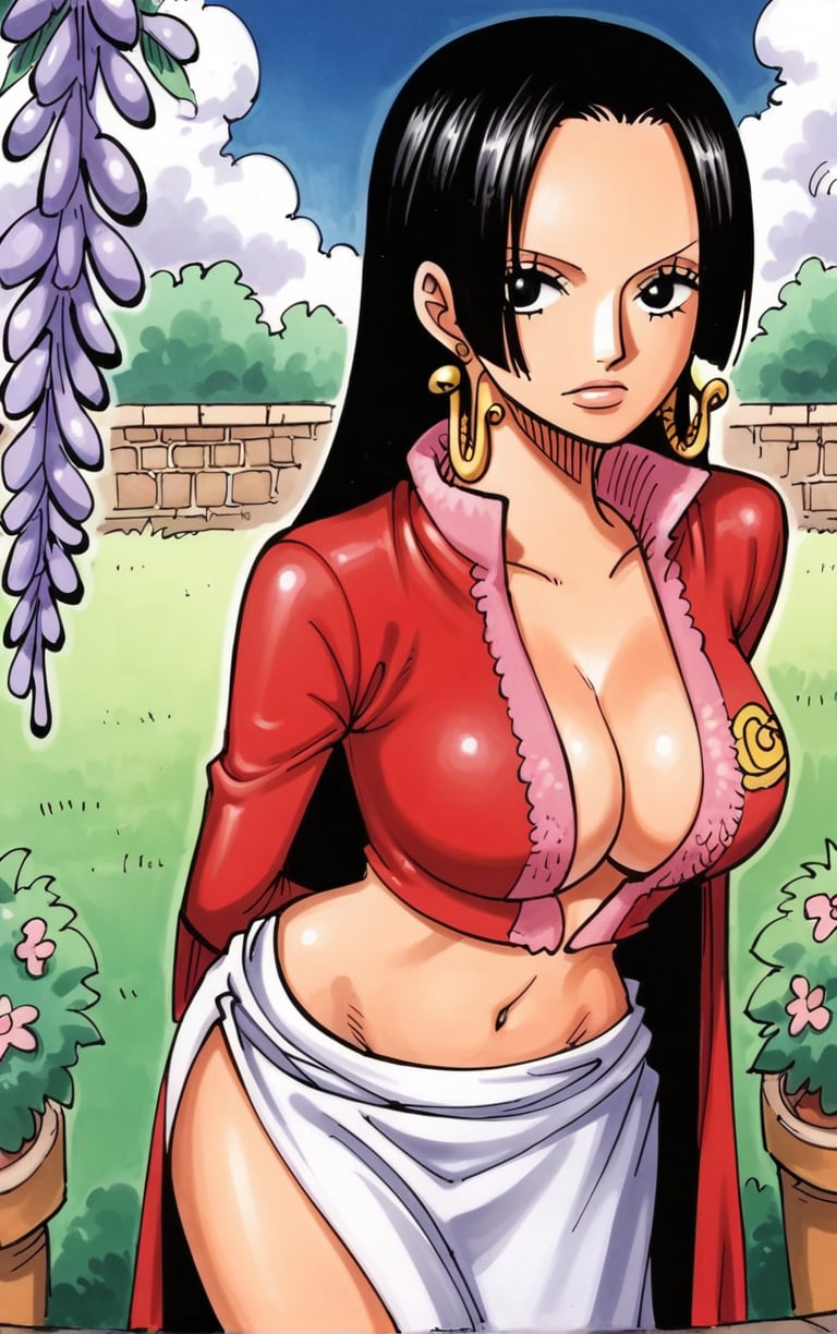 score_9, score_8_up, score_7_up, looking at viewer,  BREAK ARTSTYLE_OnePiece_MangaColored_ownwaifu, 1girl, boa hancock, large breasts, long hair, black hair, jewelry, earrings, midriff, cape, cleavage, long legs, navel, side slit, crop top, no bra, black eyes,  groin,(leaning forward, arms behind back), cowboy shot, garden, wisteria, outdoors, <lora:PONYXL_OnePiece_MangaColored_ownwaifu:0.85> , depth of field, solo, 