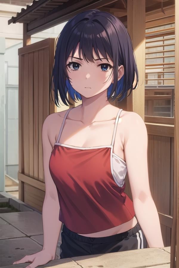 keikosanjou, <lora:keiko sanjou s1-lora-nochekaiser:1>,keiko sanjou, short hair, black hair, (black eyes:1.5),BREAK shorts, black shorts, camisole, bare shoulders, collarbone, (red camisole:1.5),BREAK outdoors, shrine,BREAK looking at viewer, (cowboy shot:1.5),BREAK <lyco:GoodHands-beta2:1>, (masterpiece:1.2), best quality, high resolution, unity 8k wallpaper, (illustration:0.8), (beautiful detailed eyes:1.6), extremely detailed face, perfect lighting, extremely detailed CG, (perfect hands, perfect anatomy),