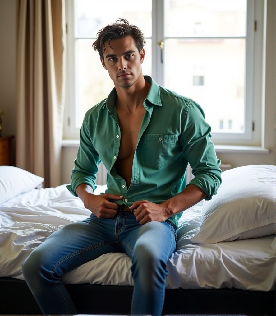 Thomas Ceccon ,  He is unbuttoning his green shirt,  sitting on the edge of a black Ikea bed with white sheets by Hottiesn...
