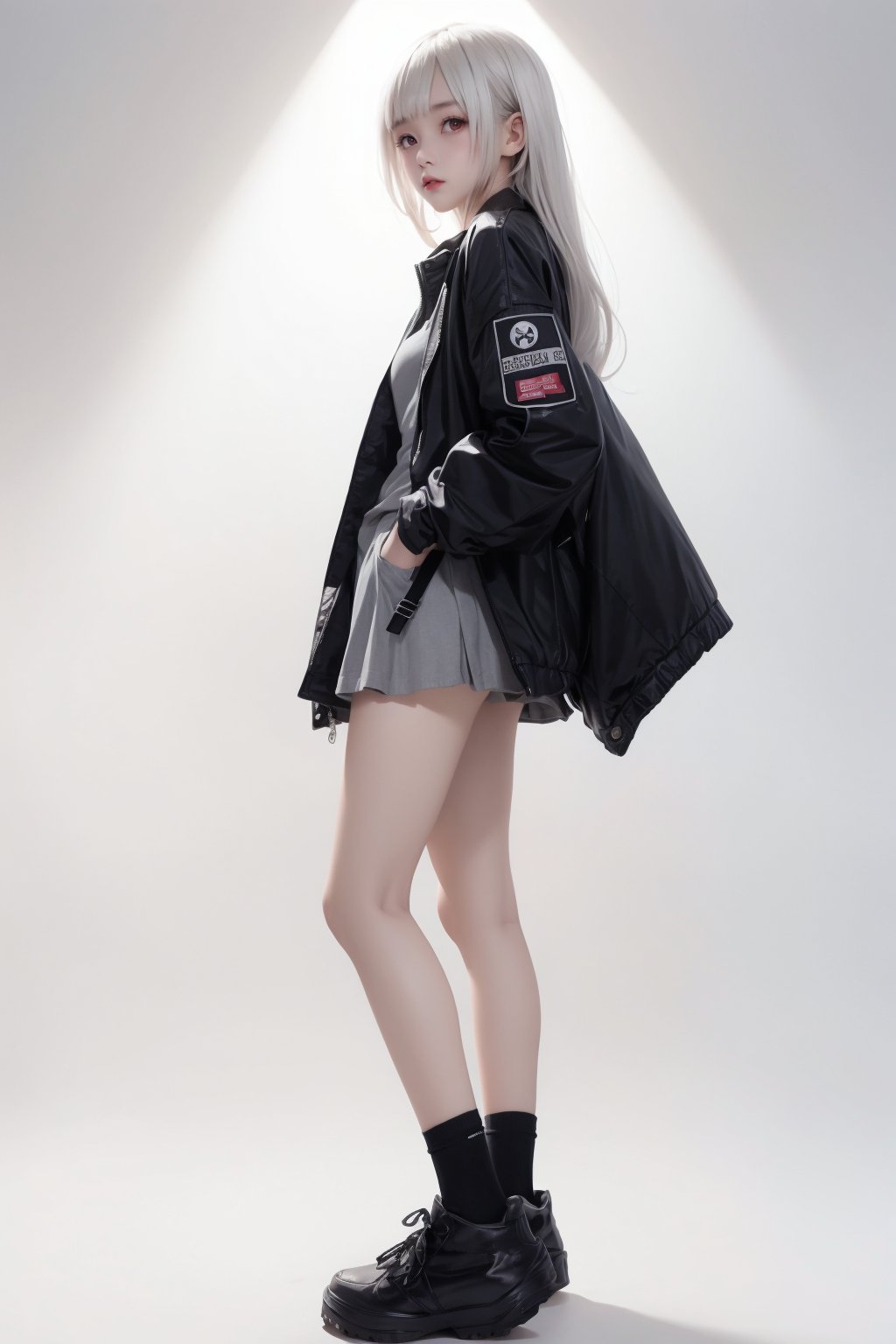 straight-on,white background,grey hair,1girl,looking at viewer,bangs,skirt,shirt,long sleeves,closed mouth,standing,jacket,full body,open clothes,shoes,teeth,socks,open jacket,two side up,black jacket,sleeves past wrists,nai3,backlight,