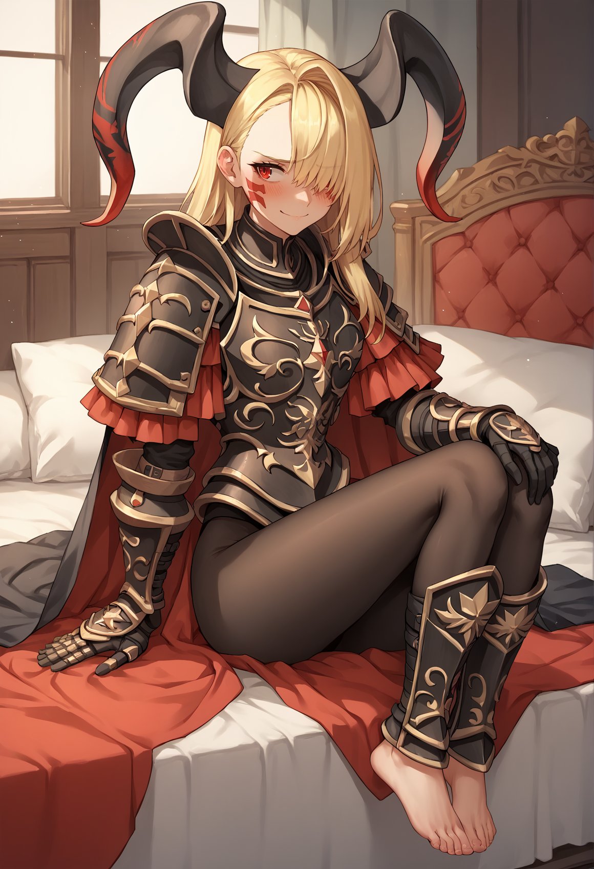 1girl, blonde hair, long hair, hair over one eye, facial mark, red eyes, pointe ears horns, armor, black armor, pauldrons, gauntlets, black pantyhose, boots, black cape, sitting, barefoot, looking to the side, blushing, nervous smile, bed, bedroom <lora:Mochiron_yo_da_yo:1>, score_9, score_8_up, score_7_up, score_6_up, score_5_up, score_4_up, BREAK source_anime, masterpiece